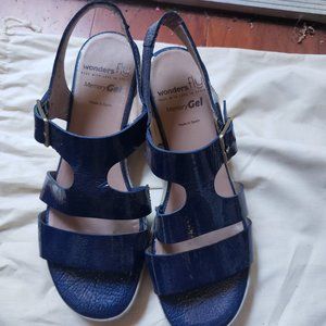 Wonders Patent Blue Wedge Sandals